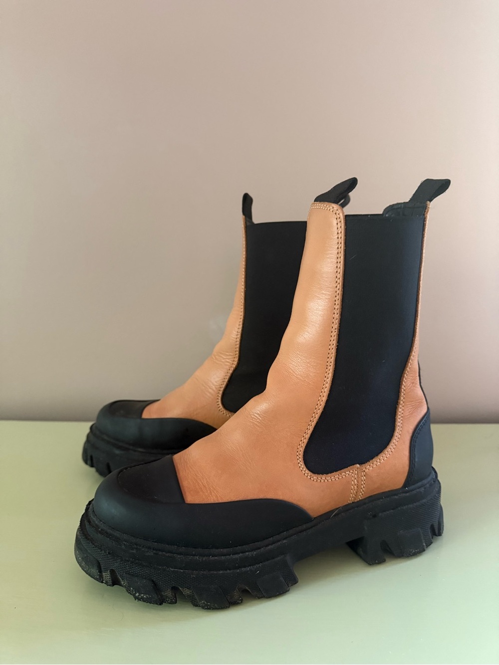 Ganni Two-Tone Tan and Black Chunky Chelsea Boots